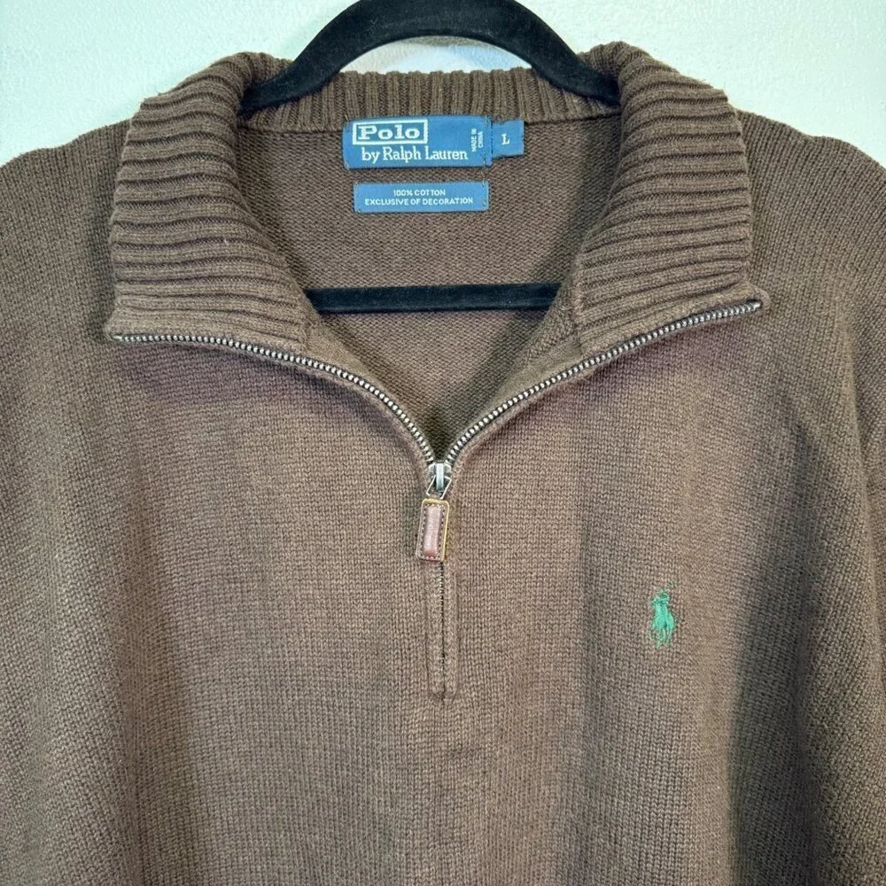 Polo Ralph Lauren Brown Cotton Knit 1/4 Zip Sweater Academia Preppy Y2K Large